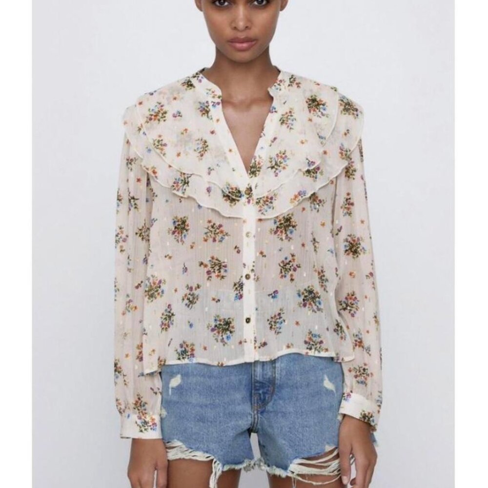 Zara Sheer Floral Blouse Metallic Thread Ruffle Button Front Size L